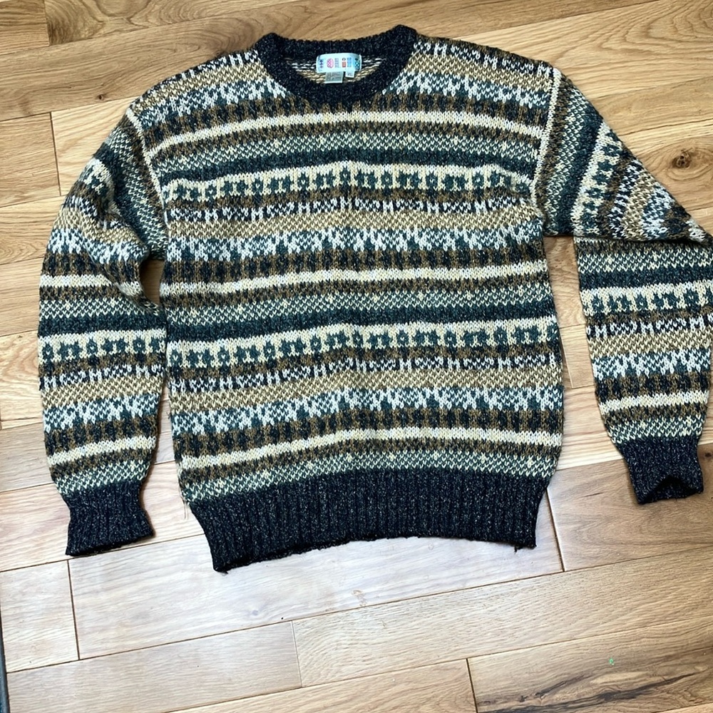 Men's Striped Crewneck Sweater - Black, Brown, and Cream